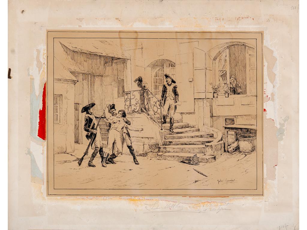 Jules GIRARDET (1856-1938) : L'arrestation. Dessin à la plume signé en bas à droite. (Contrecollé, tâches et petites déchirures, sans cadre). Dim : 34 x 44.5 cm