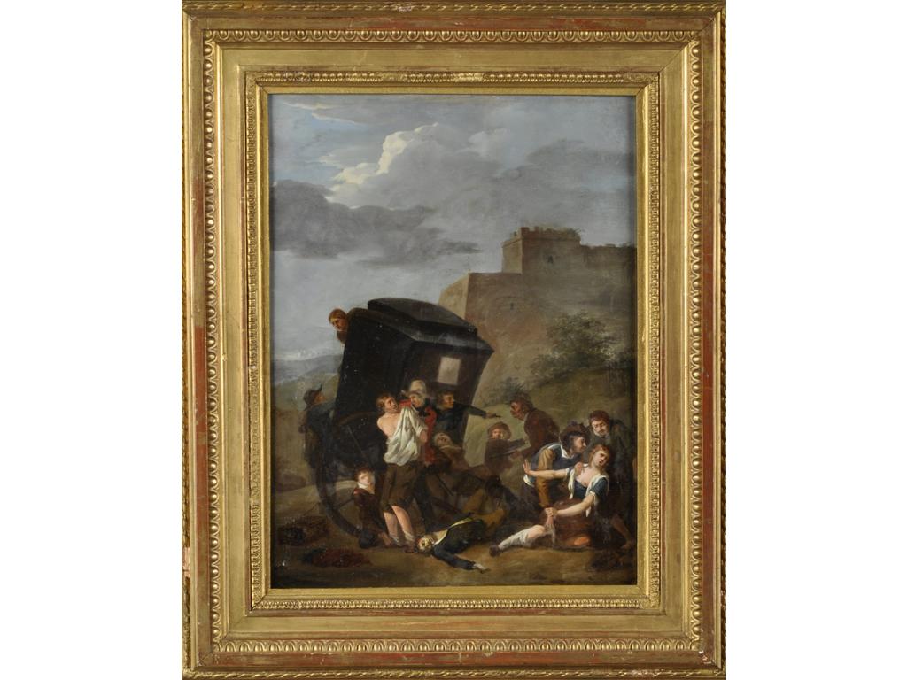 Attribué à Louis Philibert DEBUCOURT (1755-1832) : L'attaque d'une voiture. Panneau, une planche, non parqueté. Hauteur : 32 cm. Largeur : 24,6 cm. Porte une étiquette ancienne au revers avec une attribution à Demarne. Expert : Cabinet TURQUIN.