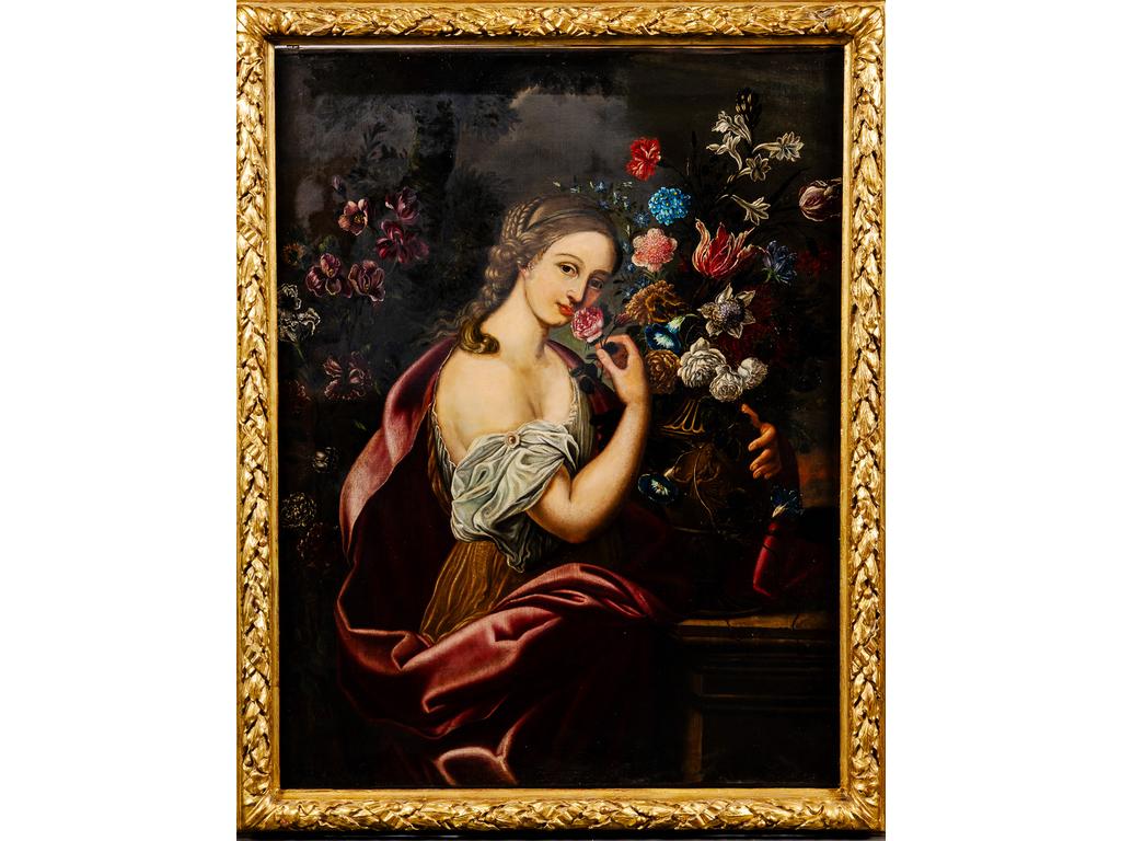 École Française du XVIIIème siècle : Portrait d'une élégante au bouquet de fleurs. Huile sur toile. (Rentoilage et repeints). Dans un cadre en bois sculpté et redoré en partie d'époque XVIIIème siècle. (Restaurations). Dim : 130 x 103 cm.