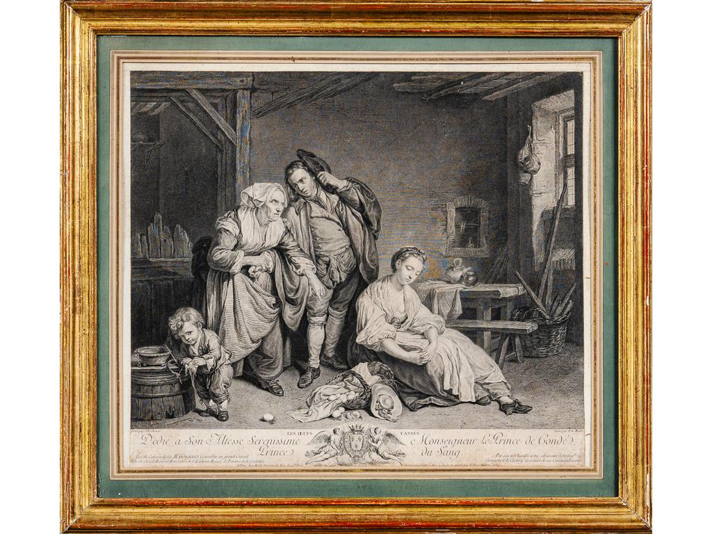 (D'après Greuze) gravé par MOITTE : Les oeufs cassés. Gravure encadrée sous verre. (Rousseurs et petites déchirures en partie supérieure)
