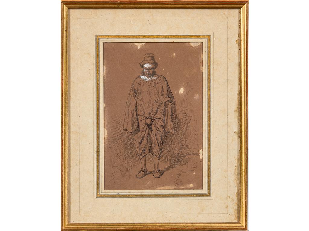 Paul GAVARNI (1804-1866) : Homme debout au chapeau. Dessin à l'encre brune et rehauts (insolé). Dim : 21 x 14 cm