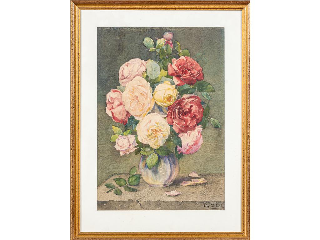 Ernest AUDIBERT (1922-2017) : Vase de roses. Aquarelle signée en bas à droite. Dim : 53 x 37 cm