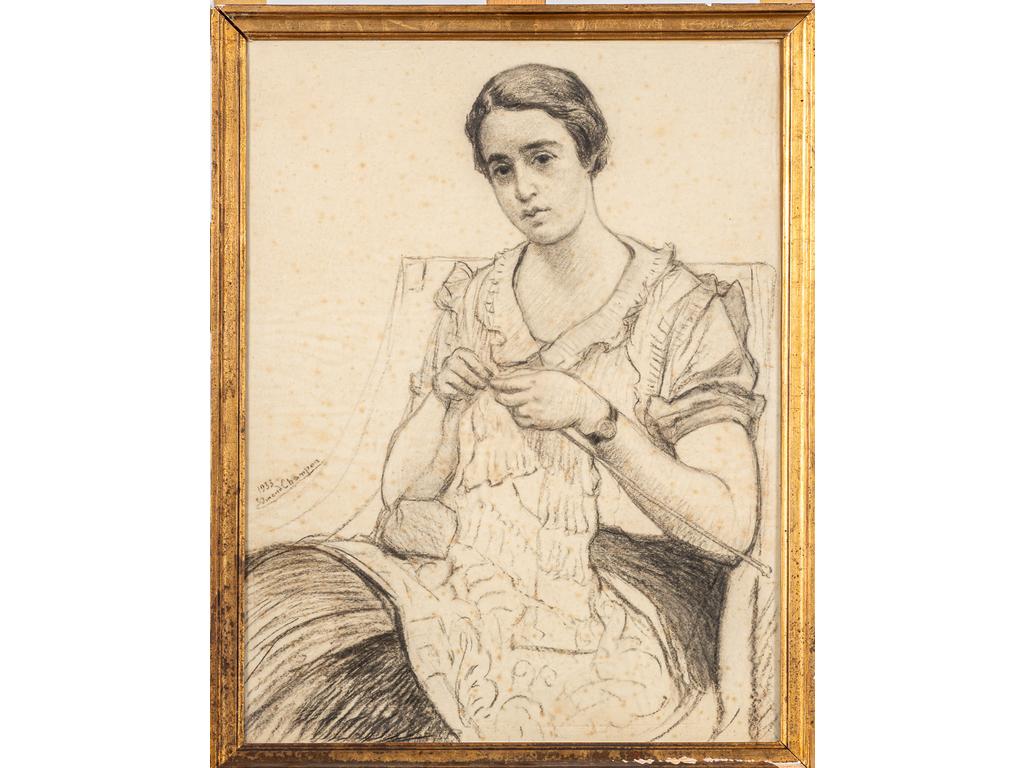Edmond CHAMPON (1879- ?) : Portrait de Madame Yvonne ZUNZ. Fusain signé en bas à gauche et daté 1933. Dim : 62 x 47 cm.