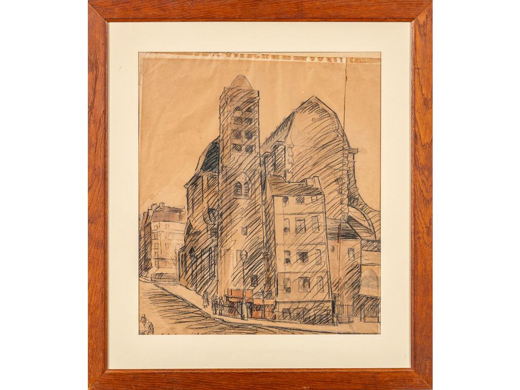 Raymond BILLETTE (1875-1942) : Trois uvres : Eglise Saint-Nicolas du Chardonnet, fusain Signé en bas à droite. Dim: 26.5 x 28 cm. Saint Nicolas du Chardonnet. Fusain et rehauts. Dim: 50 x 43 cm, Le pont de larchevêché, encre. Non signé. Dim: 49 x 35 cm.