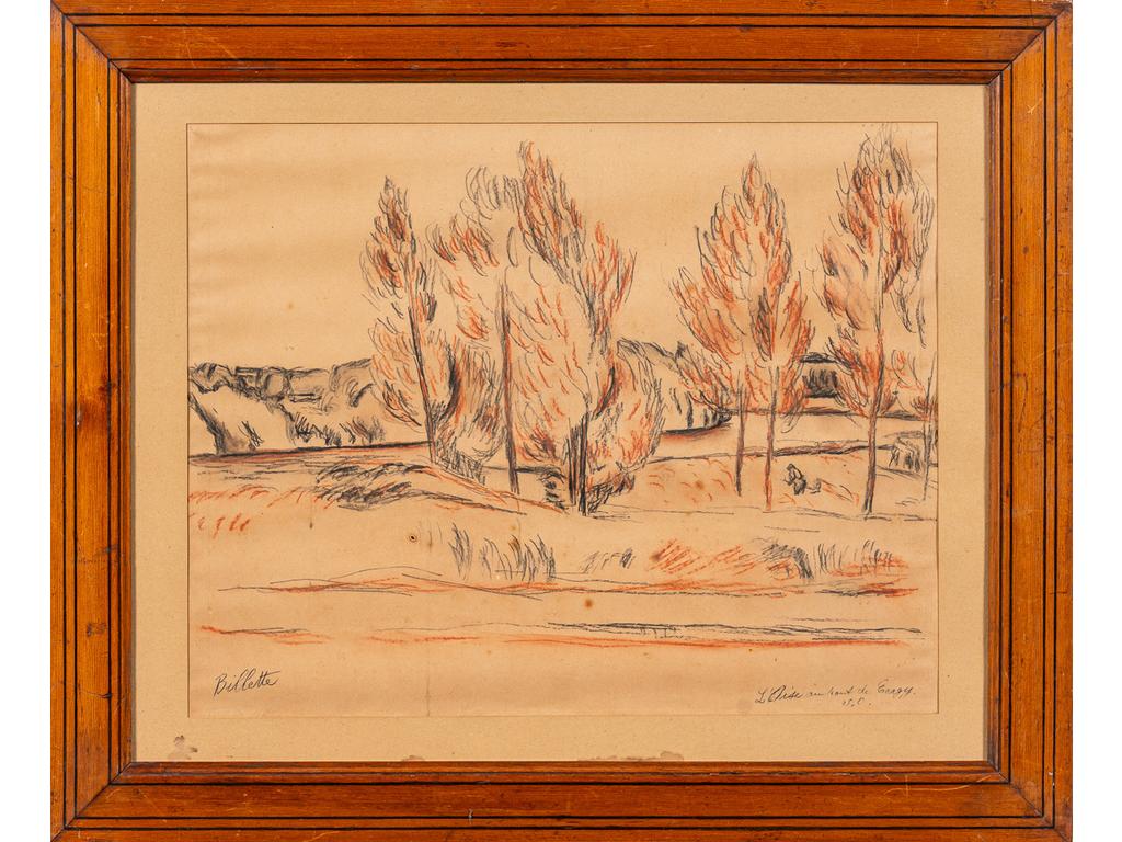 Raymond BILLETTE (1875-1942) : L'Oise au haut de Cergy. Fusain et crayon gras. Signé en bas à gauche et situé en bas à droite Dim: 36x46 cm