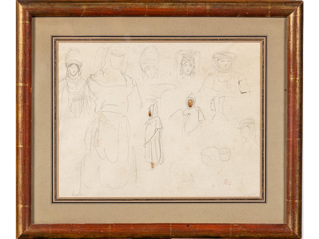 Eugène DELACROIX (1798-1863) : Feuille détude de marocains et de juives de Tanger. Crayon et rehauts daquarelle portant le cachet des initiales (L.838a) en bas à droite. Dim : 20,5 x 26,5 cm à vue et 21,5 x 27.5 cm feuille. Provenance : « Tableaux, aquarelles et dessins par Eugène Delacroix composant la collection de Mr Georges Aubry, Me Ader, Drouot, 11 mars 1933, n° 23. Expert : Cabinet Brun-Perazzone