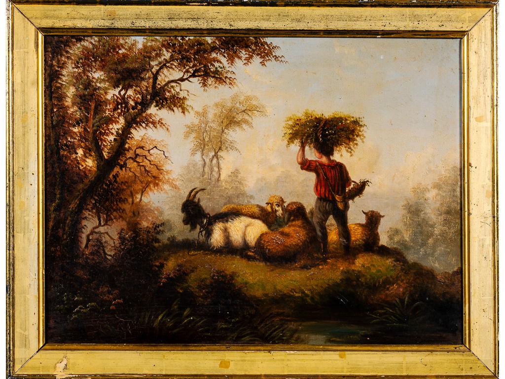 Ecole du XIXème siècle : Le berger et la bergère. Paire d'huiles sur toiles (un accroc). Dim : 49 x 65 cm.
