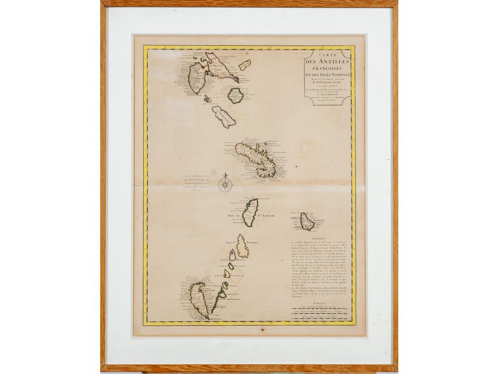 Carte des Antilles Françaises et des îles alentours : Gravure rehaussée éditée chez Jean COVENS et C.MORTIER à Amsterdam. (Tâches et pliures). Dim : 63.5 x 48.5 cm.