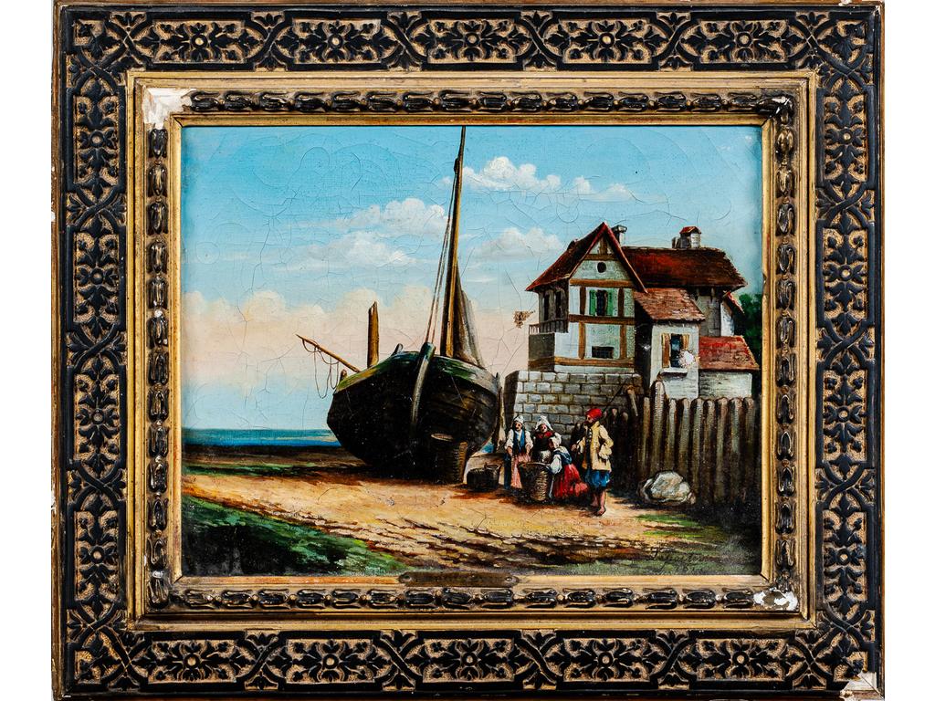 LE POITEVIN (XIXème siècle) : Bords de mer animés. Paire d'huiles sur toiles, une signée Le Poitevin et datée 1844. (Une avec accrocs et déchirures, accidents au cadre). Dim : 19 x 24.5 cm.