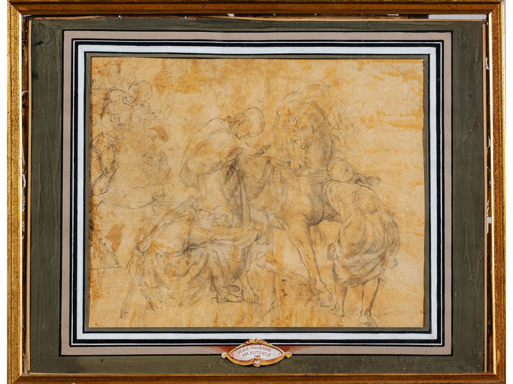 Ecole Italienne du XVIIème siècle : Soldats et moine Franciscain. Dessin au fusain. (Nombreux accidents et tâches. A restaurer). Dim : 36 x 44.5 cm.