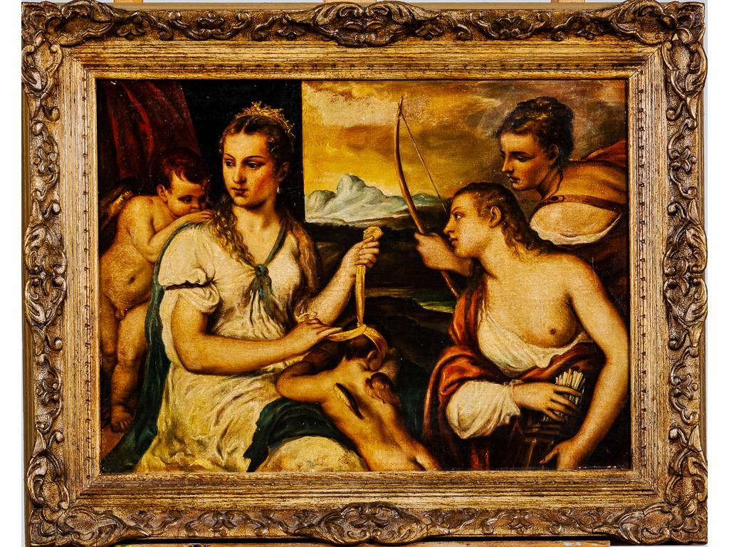 (D'après) TITIEN : Vénus bandant les yeux de Cupidon. Huile sur panneau. Epoque XIXème siècle. Dim : 40.5 x 55 cm.