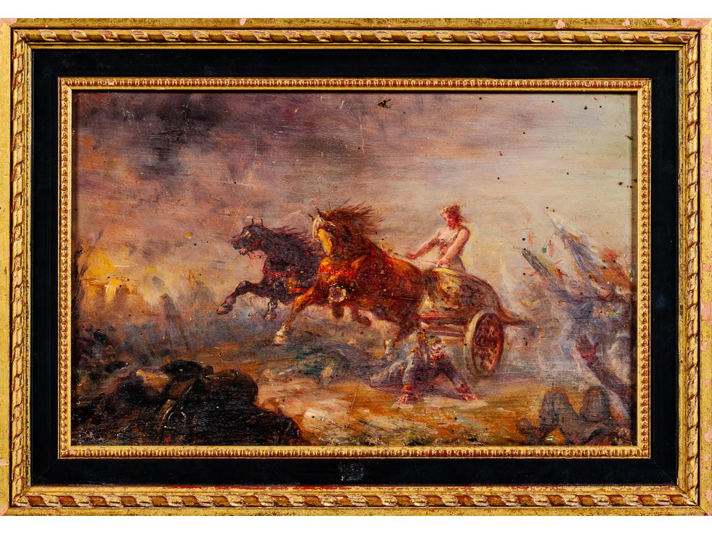 Ecole française fin XIXème, début XXème siècle : Allégorie de la victoire Française. Huile sur panneau avec trace de signature en bas à droite. (Trous de xylophages et chocs). Dim : 26 x 41 cm.