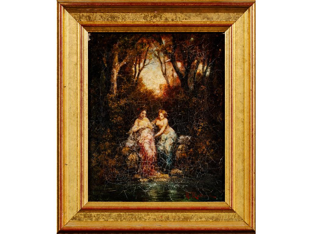 Henri Paul ROLLAND (1891-1923) : Les baigneuses. Huile sur toile signée en bas à droite. (Craquelures et manques). Dim : 27 x 22 cm.