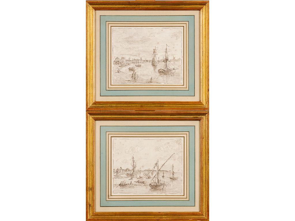 Ecole Hollandaise du XIXème siècle : Vue de ports. Deux dessins en pendant à l'encre et lavis. (Petites piqûres). Dim : 15.5 x 19.5 cm.