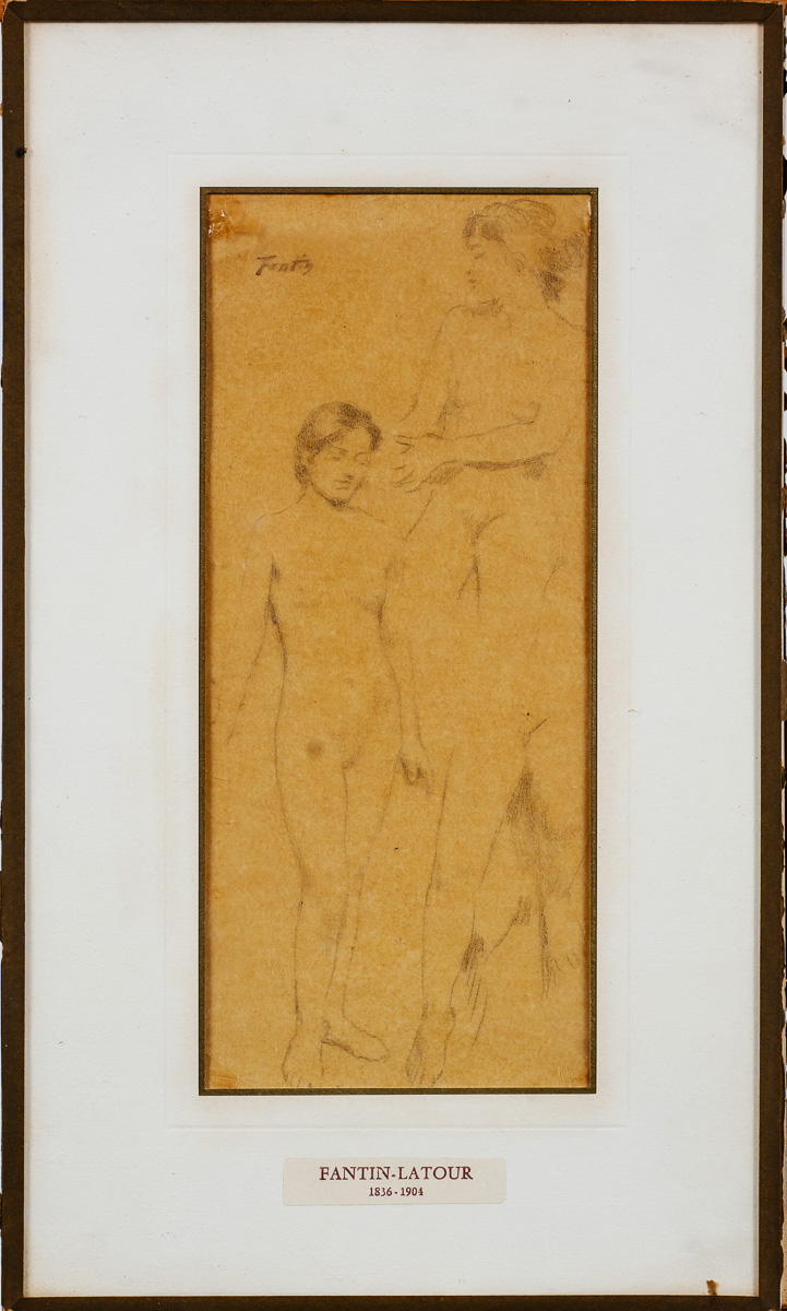 Henri FANTIN LATOUR (1836-1904) : Les baigneuses. Dessin au crayon sur papier calque signé du cachet d'atelier en haut à gauche (sans cadre).Dim : 23 x 10 cm. On joint une étude de nue sur papier calque. (Nombreux manques et accidents, sans cadre). Dim : 20 x 9 cm.