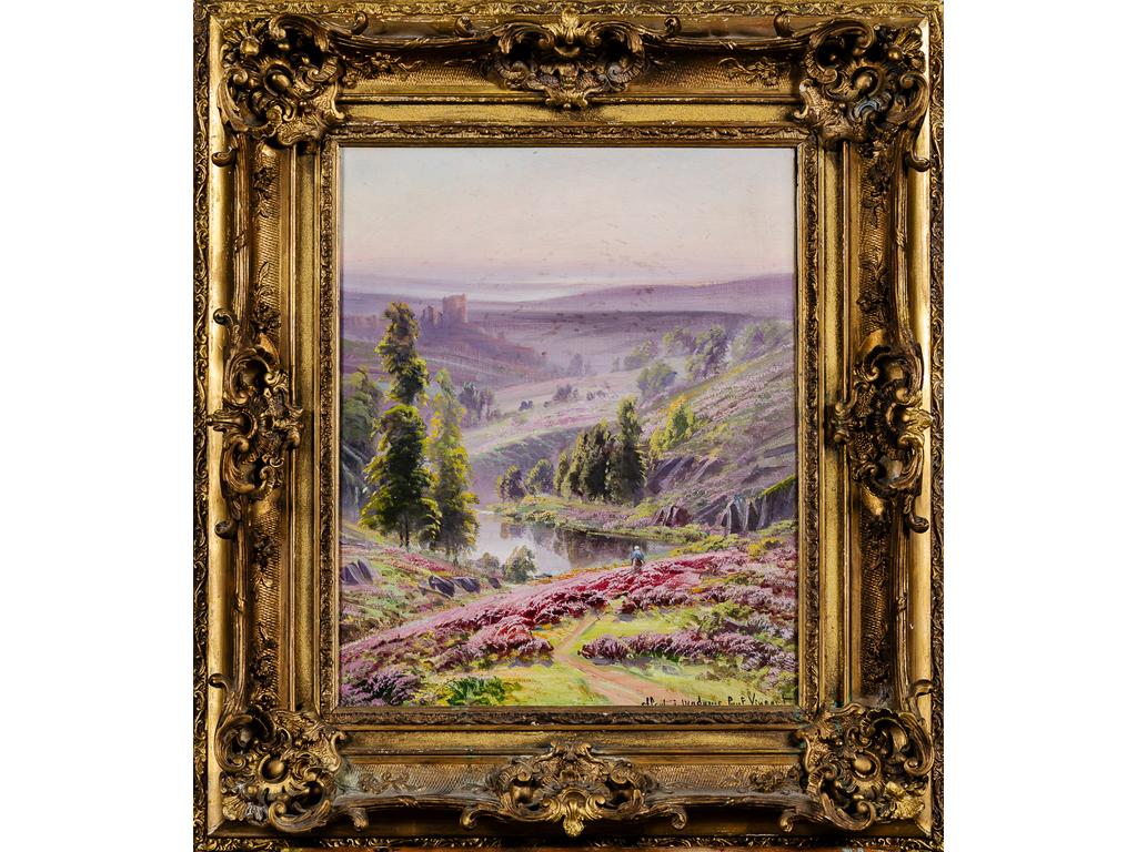 (Attribué à) Gaston ANGLADE : Paysage de bruyère dans la Creuse. Huile sur toile avec envoi à Madame Paul Vincent en bas à droite. Dim : 46 x 38 cm.
