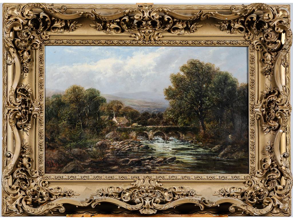 John Gunson ATKINSON (c.1849-1885) : Paysage au pont. Huile sur toile signée en bas à gauche. Important cadre en stuc de style rocaille. Dim : 40.5 x 66 cm.