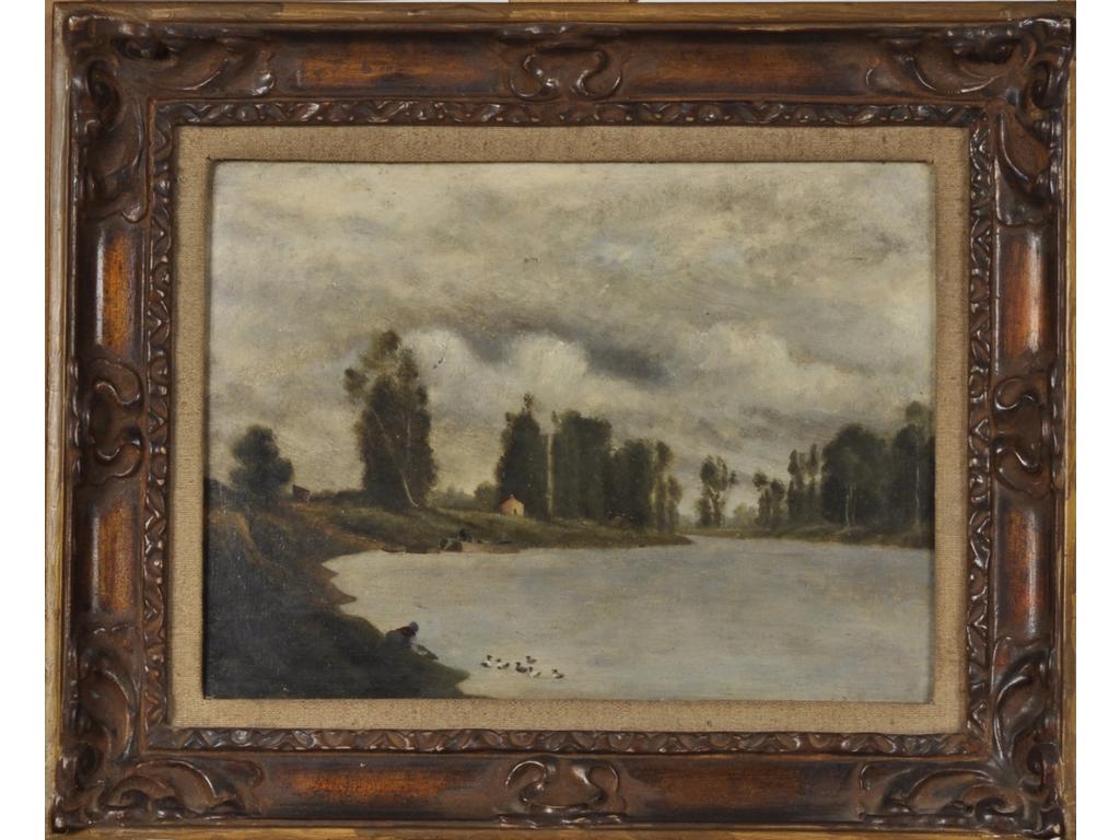 Georges BONNEMAISON (?-1885) : Bords de rivière animé. Huile sur panneau signée en bas à droite et datée 72. Dim : 24 x 32 cm.