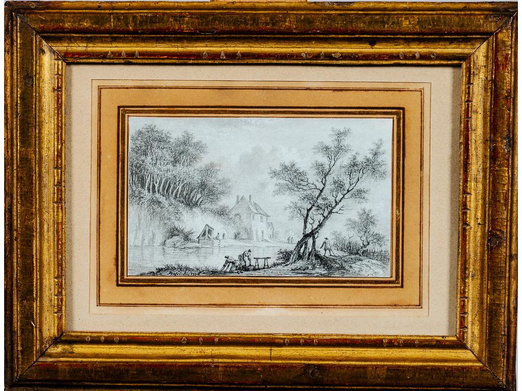 Thomas-Aignan DESFRICHES (1715-1800) : Les lavandières. Dessin à l'encre et fusain signé en bas à gauche et daté 1776. Dim : 9 x 14.5 cm.