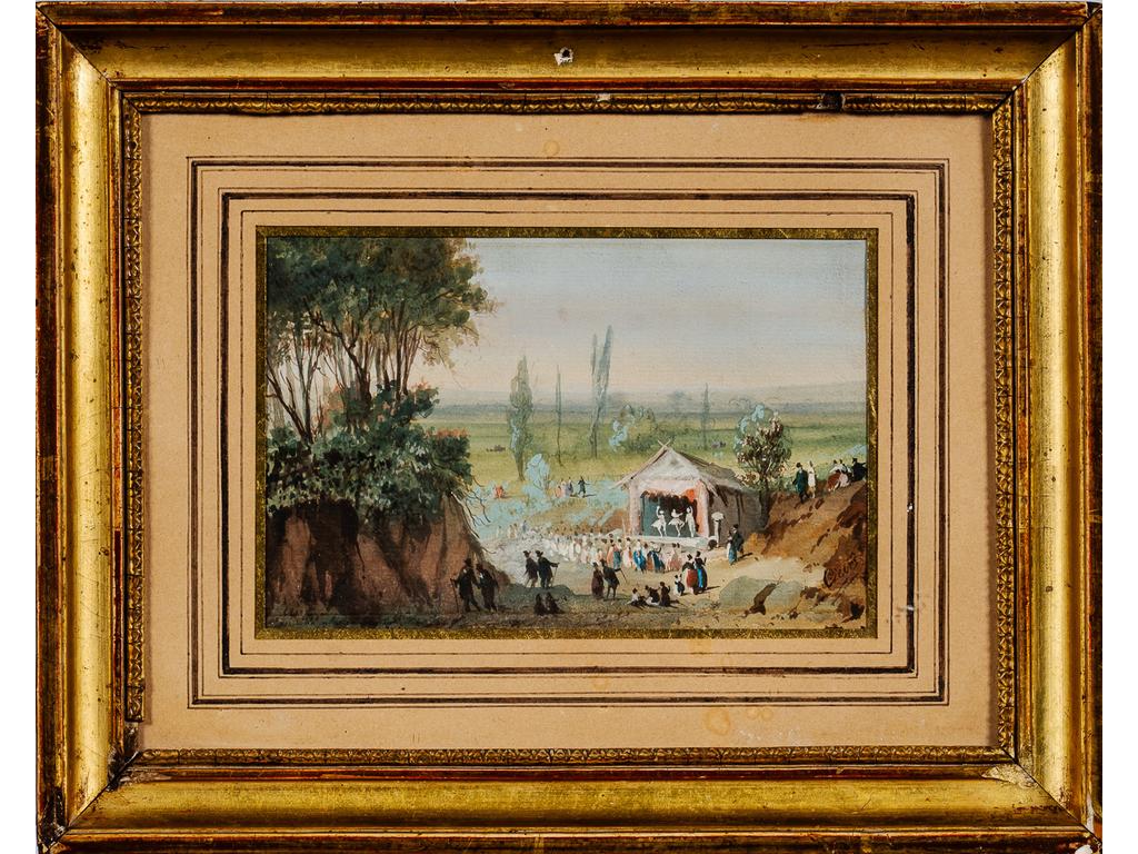 Ecole du XIXème siècle : Théâtre de plein air. Petite gouache avec trace de signature en bas à droite. Dim : 9 x 14.5 cm