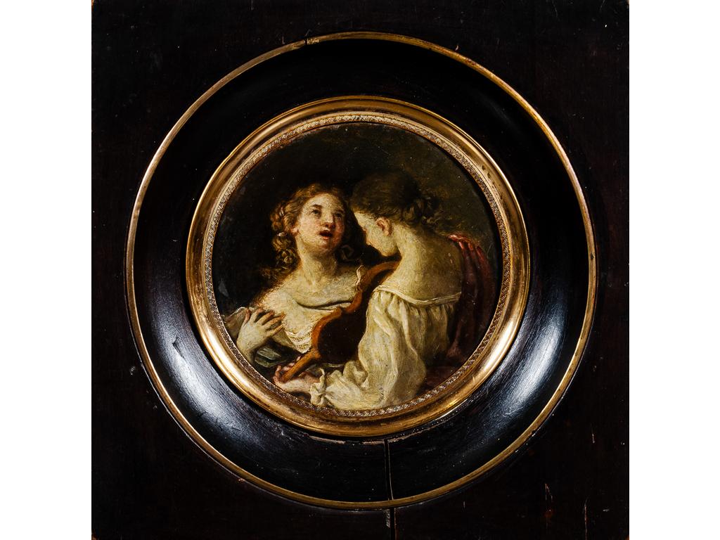 Ecole Française du XIXème siècle : Les deux musiciennes. Petite huile sur cuivre dans un cadre médaillon. Diamètre : 10.5 cm.
