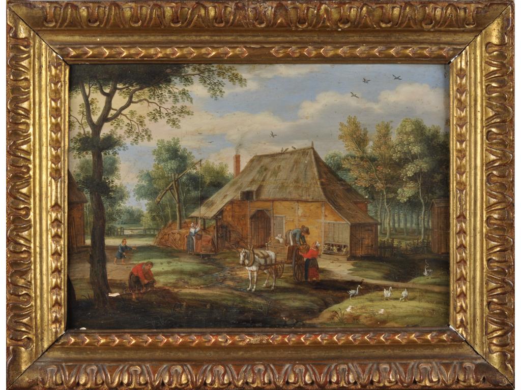 Isaac van OOSTEN (Anvers, 1613 - 1661) : Six paysages champêtres avec les activités de la ferme. Six panneaux de chêne, une planche, non parquetés. Hauteur : 24,7 cm. Largeur : 34,7 cm. Signés en bas à gauche ou à droite 'J. V. Oosten' pour 5 des 6 tableaux (Quelques départs de fentes, soulèvements et petits manques.) Cadres d'origines en bois sculpté et doré travail français d'époque Louis XIV. Isaac Van Oosten s'était fait une spécialité de ces paysages animés, de représentations des saisons, de formats souvent proches des nôtres. Les cadres sont d'origine et témoignent d'un passage en France ou les tableaux ont peut-être fait l'objet d'un achat à Paris lors de la foire de saint Germain des prés, tenue alors d'une main de fer par le marché anversois. Expert : Cabinet TURQUIN.