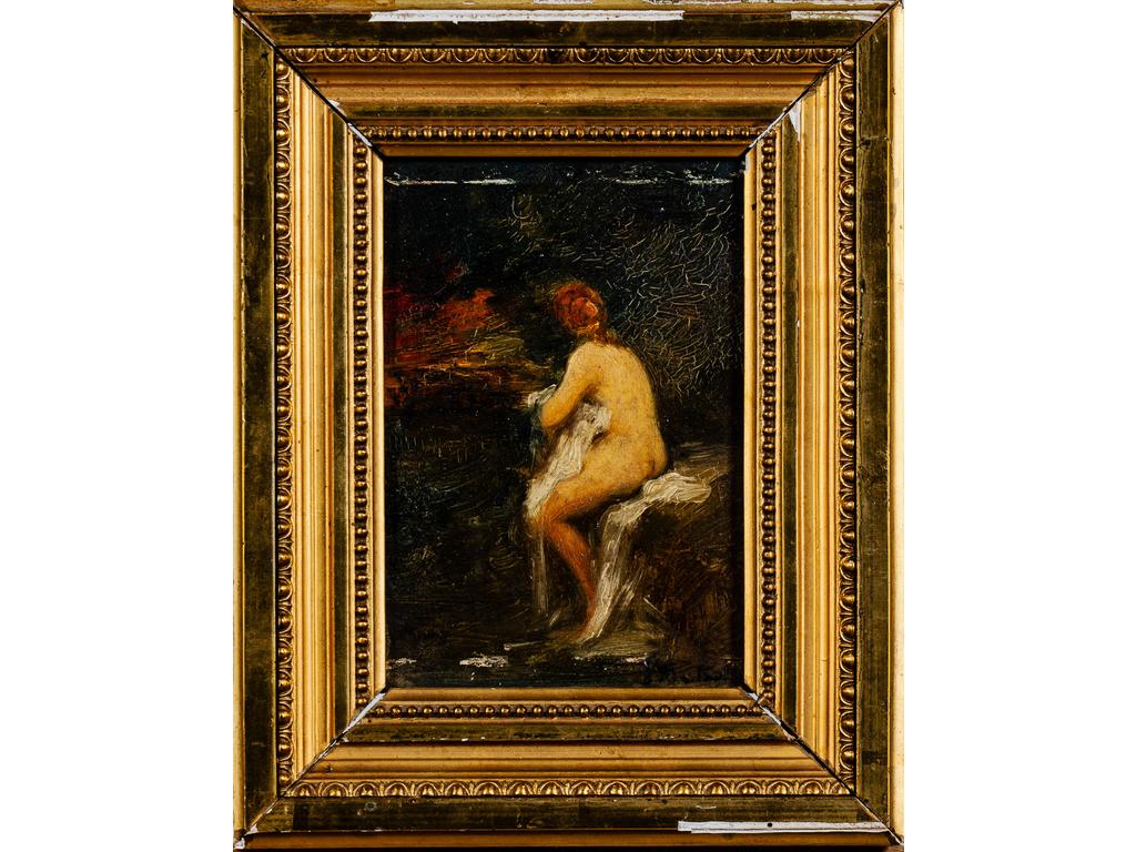 Ecole Française du XIXème siècle : Baigneuse. Huile sur panneau. Porte une signature apocryphe de Monticelli. (Eraflures). Dim : 17 x 12.5 cm.