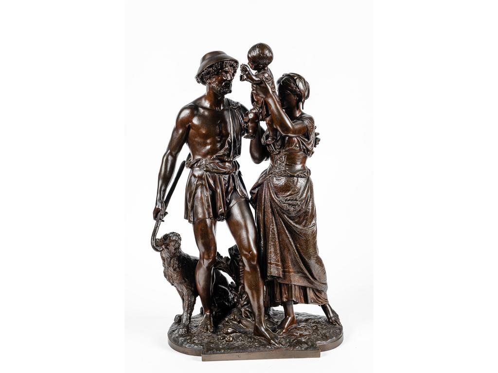 Jean Jules SALMSON (1823-1902) : La famille de paysans. Important groupe en bronze à patine brune signé sur la terrasse. Dim : 69 x 40 x 25 cm.