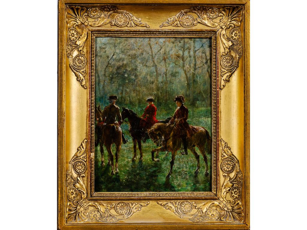 John Lewis BROWN (1829-1890) : Les cavaliers. Huile sur panneau signée en bas à droite. Dim : 24.5 x 19 cm.
