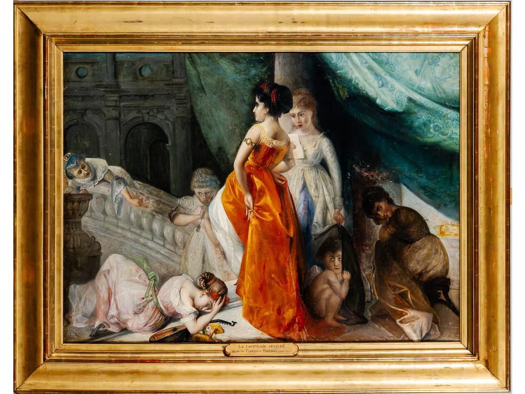 Ecole Italienne du XIXème siècle: La turpitude révélée. Huile sur toile. (Accidents et restaurations, rentoilages). Dim : 92 x 125.5 cm.