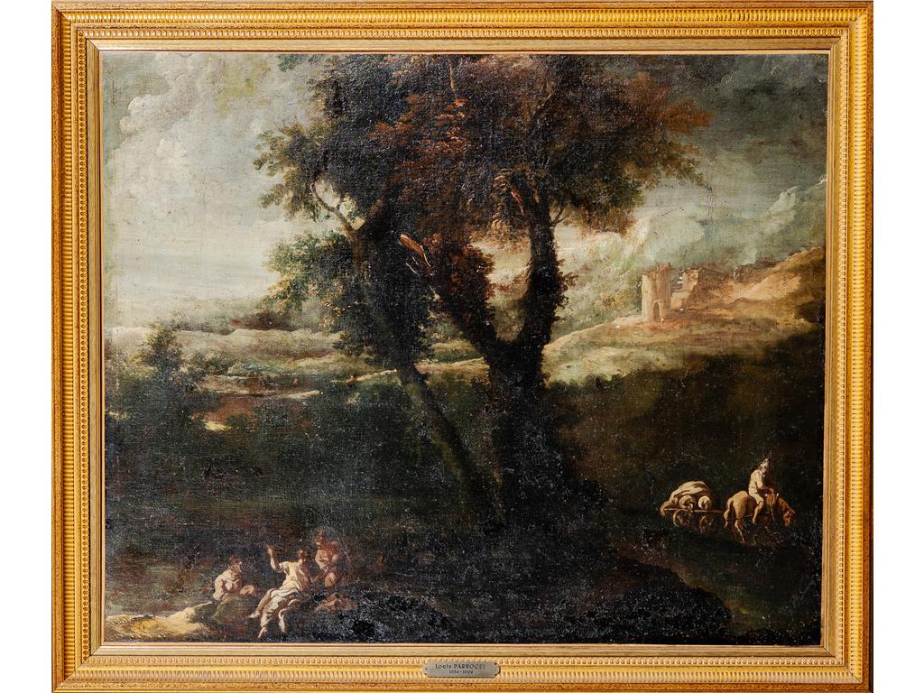 Ecole française du XVIIème (d'après) Louis PARROCEL : Femme puisant de l'eau dans un paysage. Toile (repeints et restaurations). Dim : 90 x 110 cm.