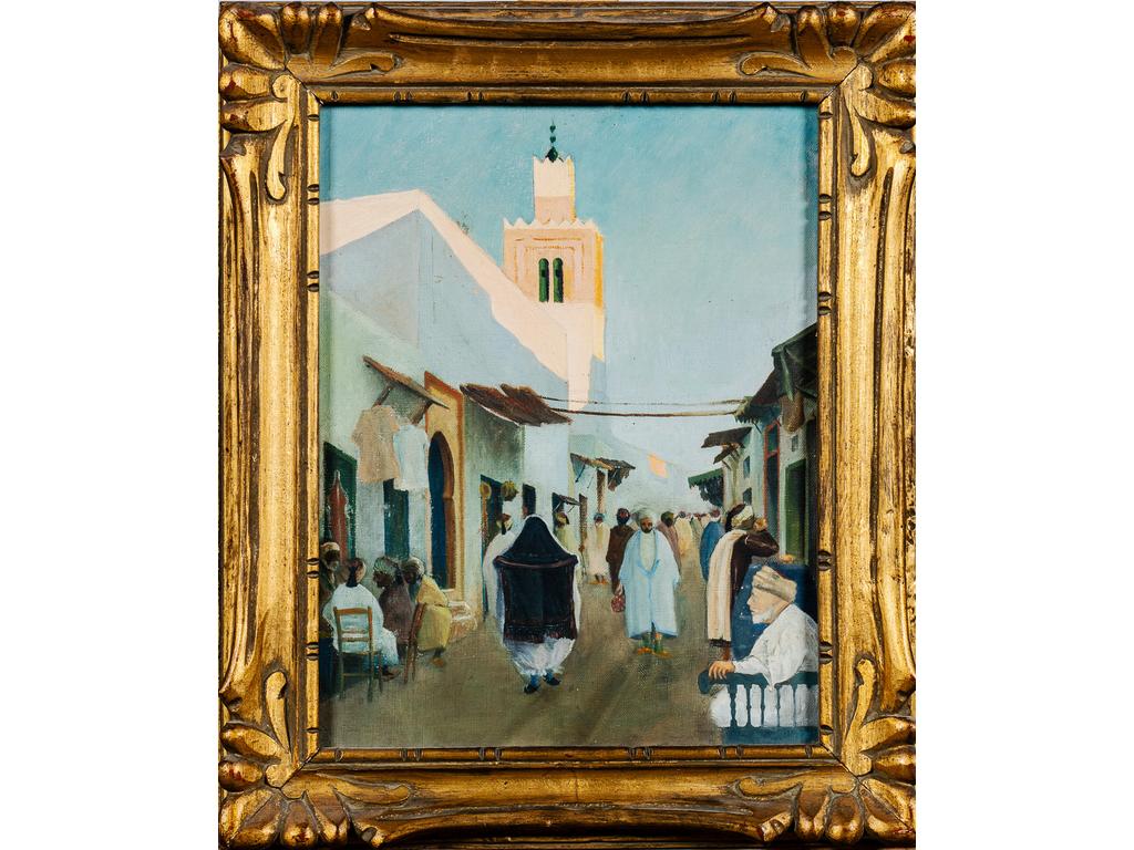 Ecole Orientaliste Moderne : Rue orientale animée. Huile sur toile signée