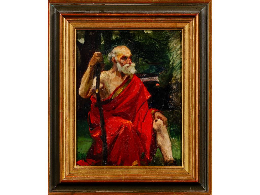 Ecole moderne : Vieil homme en toge. Huile sur carton. Dim : 23.5 x 18.5 cm.