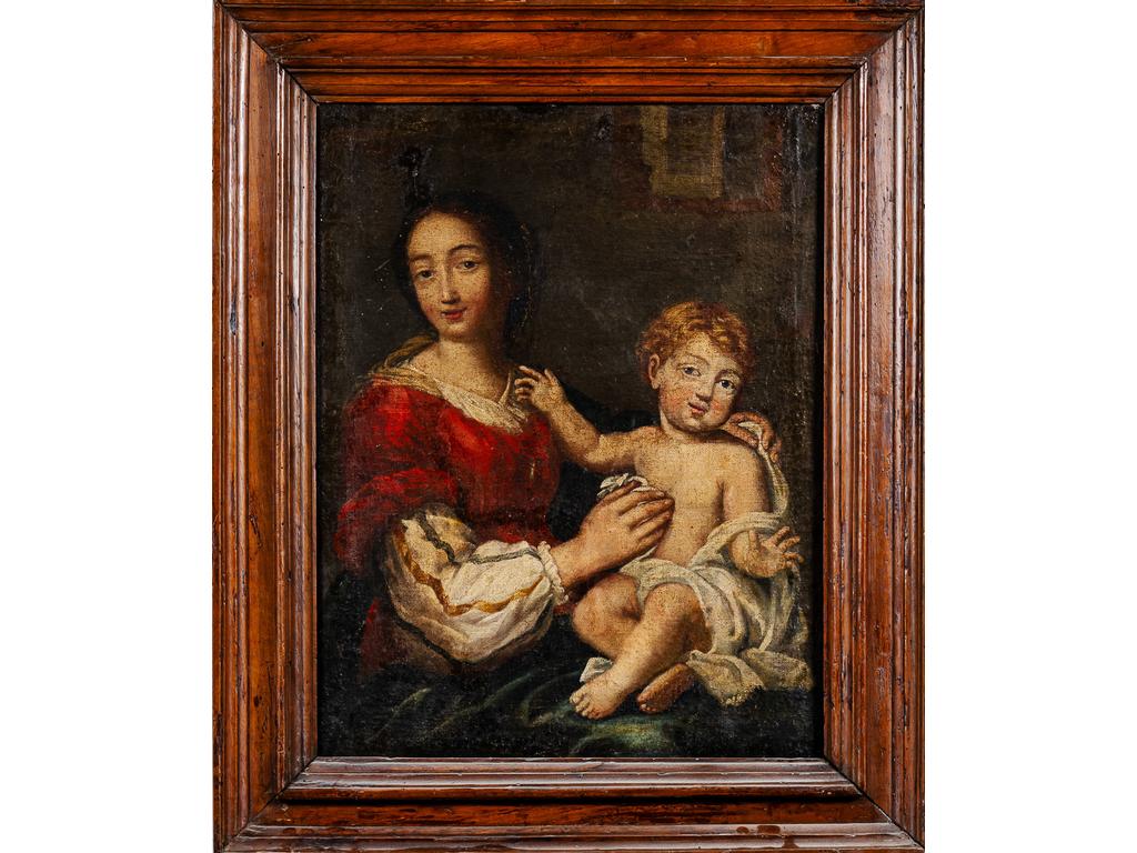 Ecole du XVIIIème siècle : Maternité. Huile sur toile. (Rentoilage et restaurations). Dim : 57 x 45.5 cm.