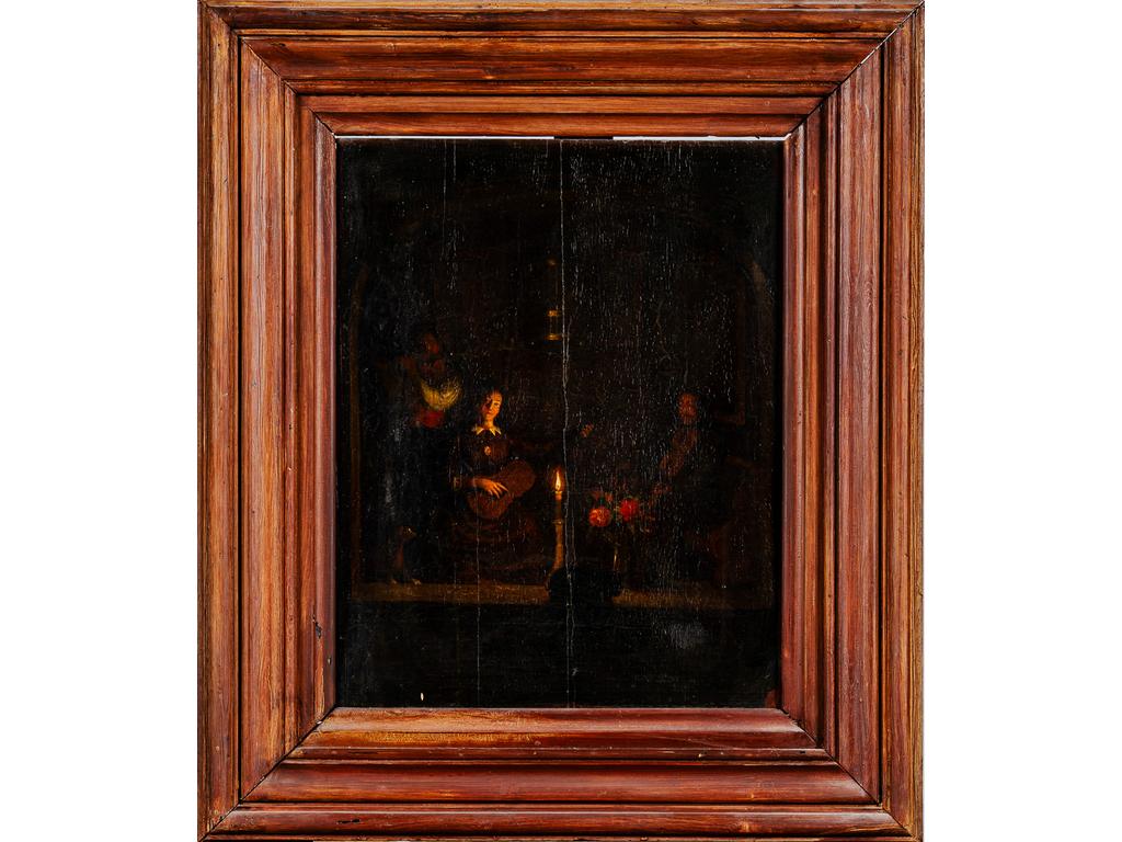 Ecole Flamande du XVIIème siècle : Concert à la bougie. Huile sur panneau parqueté. (Fentes). Dim : 51 x 40.5 cm