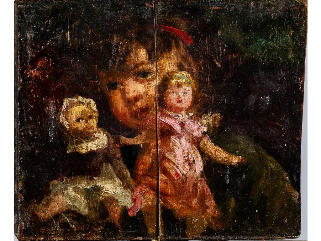 Ecole Française début du XXème siècle : Jeune fille aux poupées. Huile sur panneau. (Sans cadre, panneau fendu et renforts). Dim : 21.5 x 26 cm.