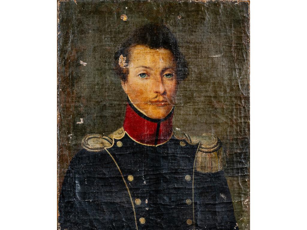 Ecole Française du XIXème siècle : Portrait d'officier. Huile sur toile. (Accidents et manques. Sans cadre). Dim : 57.5 x 47 cm.