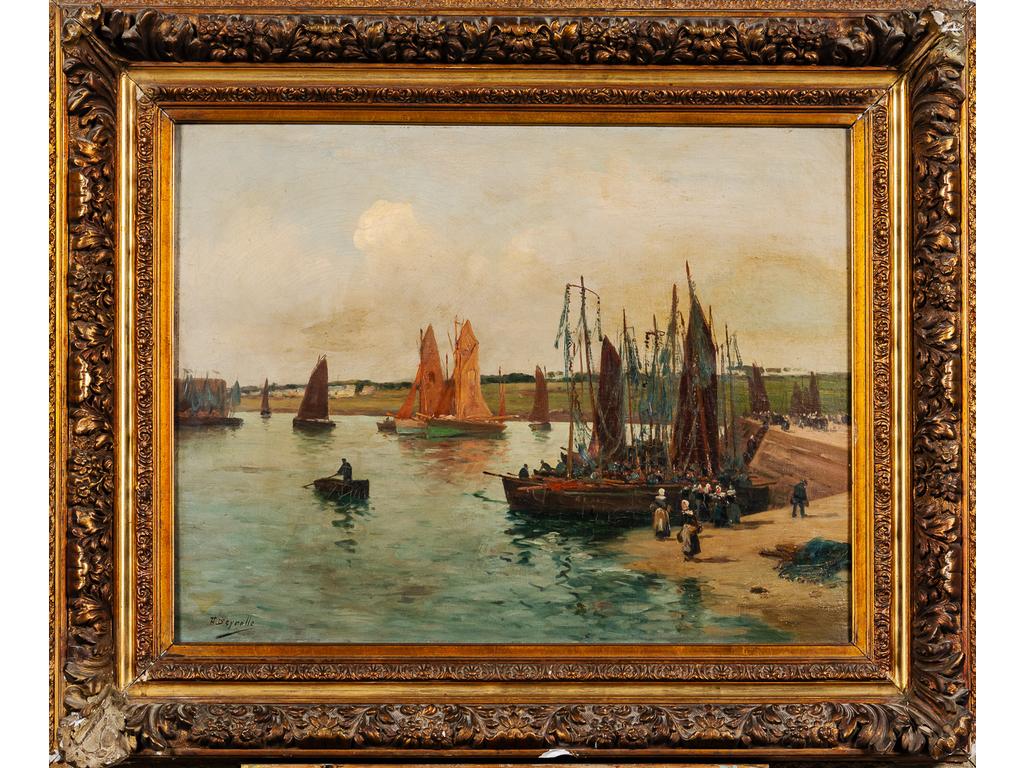 Théophile Louis DEYROLLE (1844-1923) : Port de pêche animé. Huile sur toile signée en bas à gauche. (Restaurations). Dim : 50.5 x 65 cm.