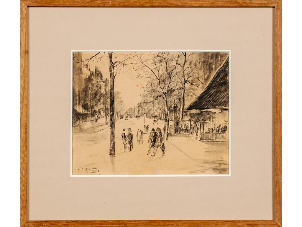 Ecole Française début du XXème siècle : Boulevard de Paris animé. Dessin au crayon, daté en bas à gauche avec trace de signature. Dim : 24 x 31.5 cm.