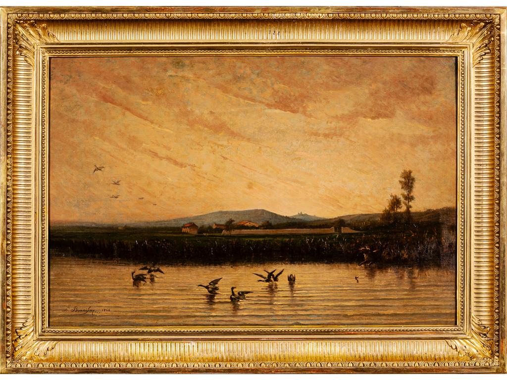 L. BONNIFAY (XIXème siècle) : L'envol des canards. Huile sur toile signée en bas à gauche et datée 1844. (Restaurations). Dim : 62.5 x 94 cm.