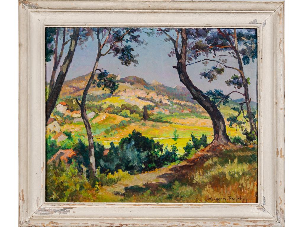 Jos-Henry PONCHIN (1897 - 1981) : Allauch, vue de la Pounche. Huile sur panneau, signée en bas à gauche et titrée au revers. Dim : 46 x 55 cm.