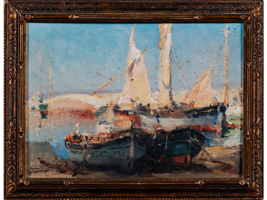 Gilbert GALLAND (1870-1956) : Les barques à Saint-Tropez. Huile sur toile marouflée sur carton. Signée en bas à gauche et située au revers. Numérotée 52. Dim : 16 x 22.5 cm.