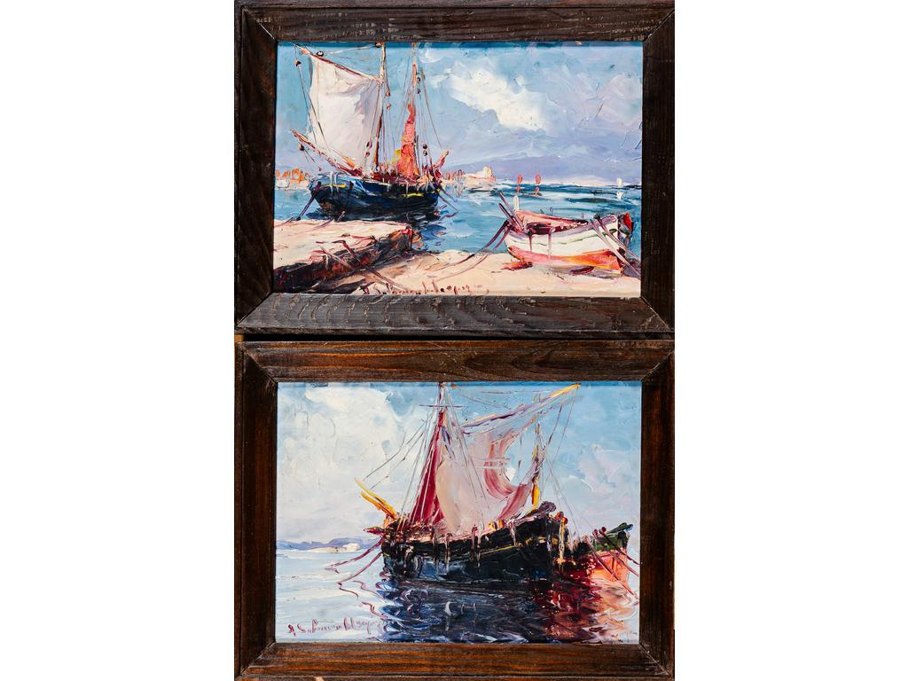 Salomon LE TROPEZIEN (XXème siècle) : Les tartanes. Paire de marines. Huile sur toile signée en bas à gauche. Dim : 25 x 35 cm.