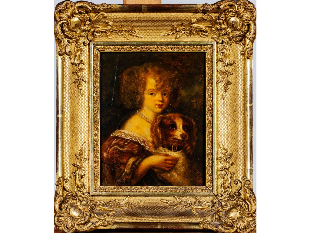 Ecole Anglaise début XIXème siècle. Portrait de jeune fille au chien. Huile sur panneau. Dim : 21.5 x 16.5 cm.