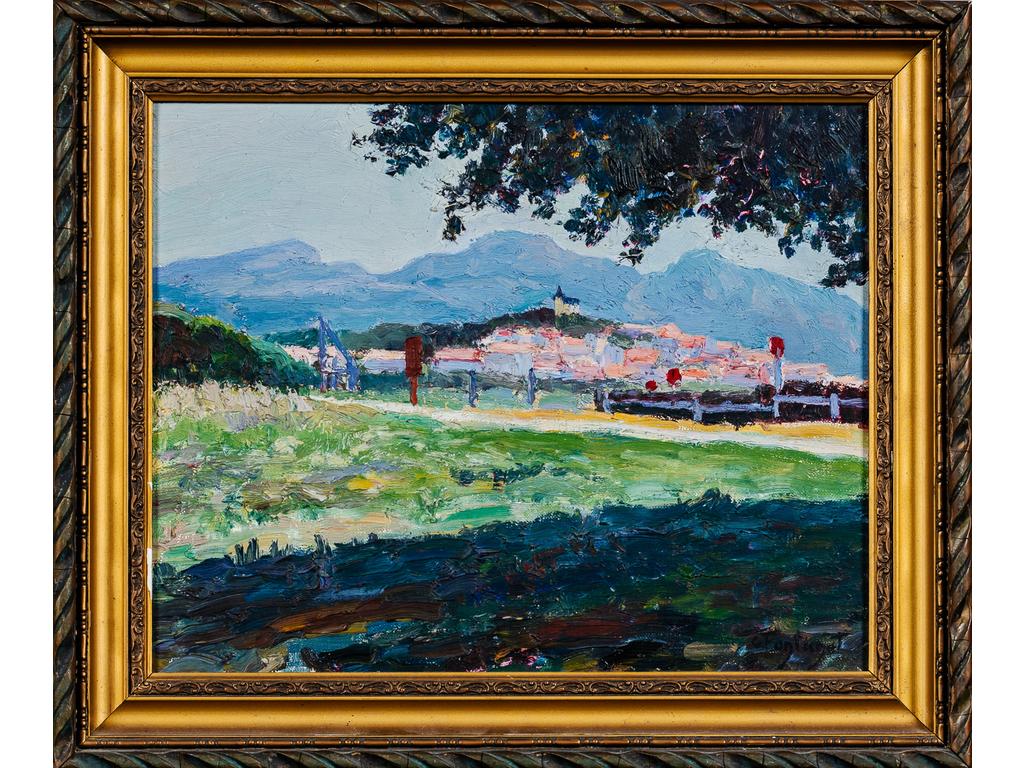 Ecole française début XXème siècle : Vue de village. Huile sur toile signée en bas à droite