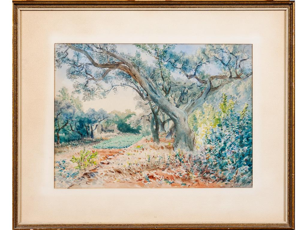 Ecole Provençale du début du XXème siècle : Les oliviers. Aquarelle, trace de signature en bas à droite. Dim : 23.5 x 33 cm.
