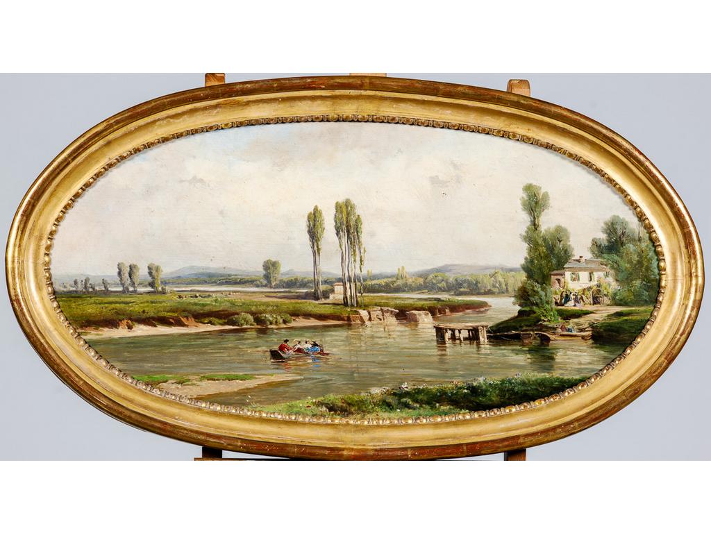 Vincent COURDOUAN (1810-1893) : Bord de mer (environs des Sablettes) et Bord de rivière. Paire dhuiles sur panneaux dans des ovales signées et datées 1866-68 et 1868-68. Dim : 45 x 90.5 cm. Provenance : Ancienne collection de François Noël VERLAQUE (1844-1909), membre fondateur puis directeur des Forges & Chantiers de la Seyne-Sur-Mer.