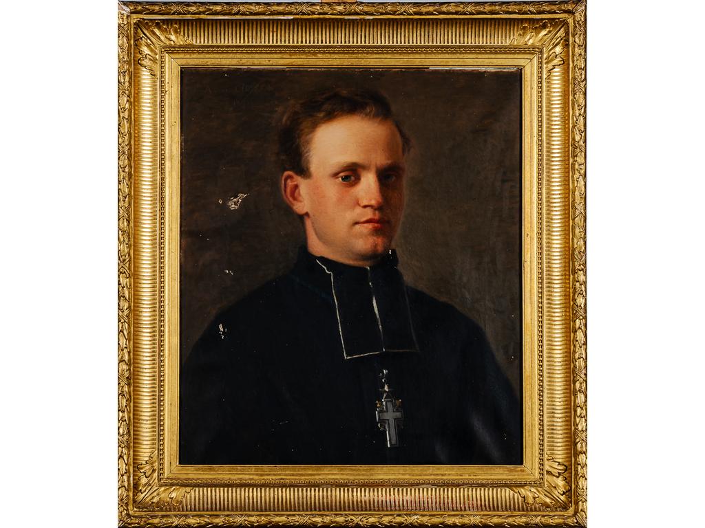 Ecole Française fin du XIXème siècle : Portrait de Victor-Louis VERLAQUE, Chanoine titulaire de l'évêché de Fréjus. Huile sur toile (Accidents à la toile). Fils de François-Noël VERLAQUE, ingénieur des chantier navals de la Sayne, Victor-Louis V. était Chanoine de Fréjus, Chevalier de la légion d'honneurs et aumônier du pensionnat de la Présentation à la Seyne dans les années 1880. Dim : 58 x 51 cm.