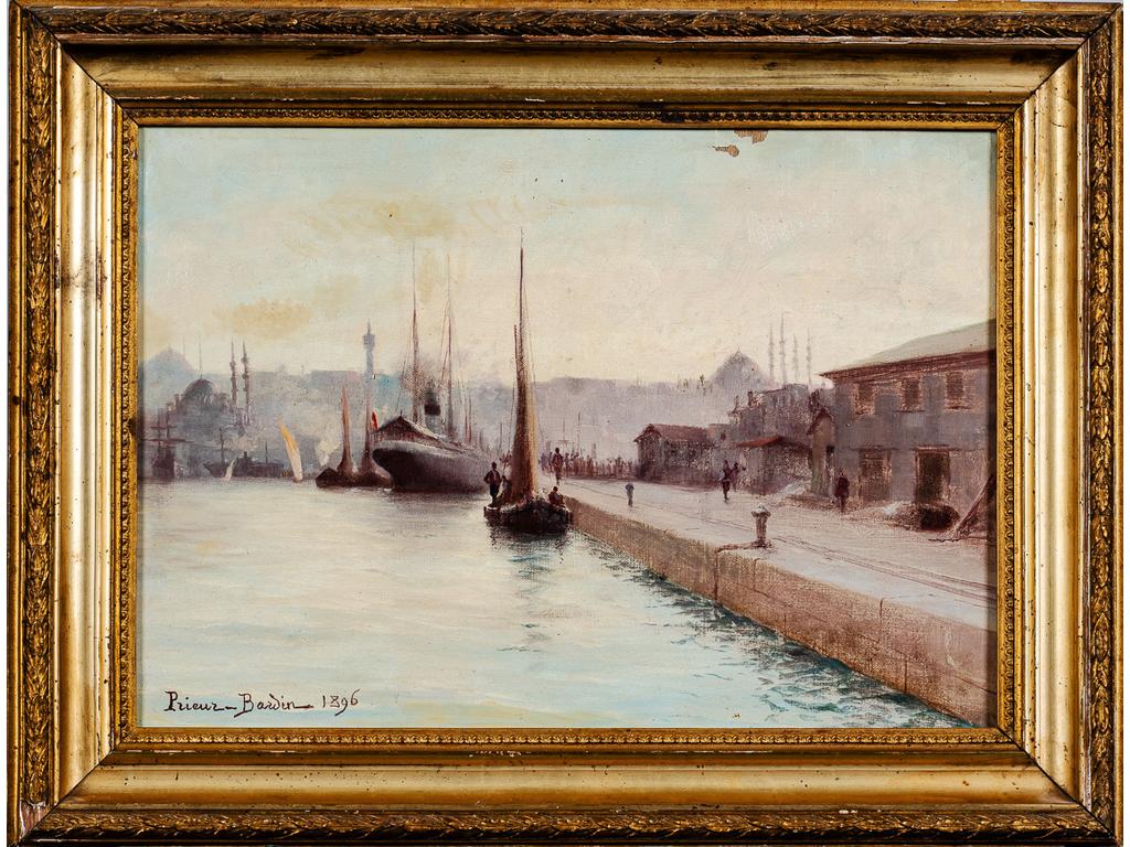 Eugène Antoine PRIEUR BARDIN (1860-1905) : Vue du Bosphore. Paire d'huiles sur toiles signées et datées 1896. (Manques et soulèvements). Dim : 32.5 x 46 cm.