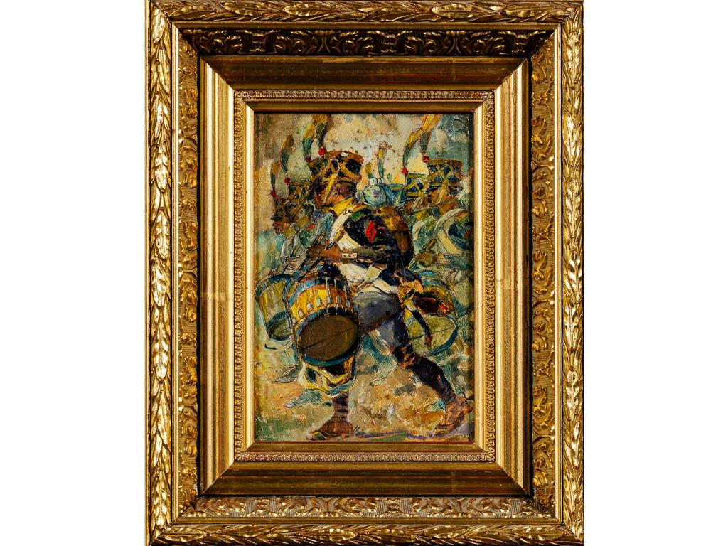 Ecole Française début XXème siècle : Les tambours du régiment d'infanterie. Huile sur panneau. Dim : 19 x 13 cm.